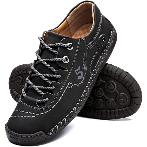 Alcubieree Men Black Leather Casual Fashion Loafer Driving Rubber Sole Sneakers - Picture 1 of 7